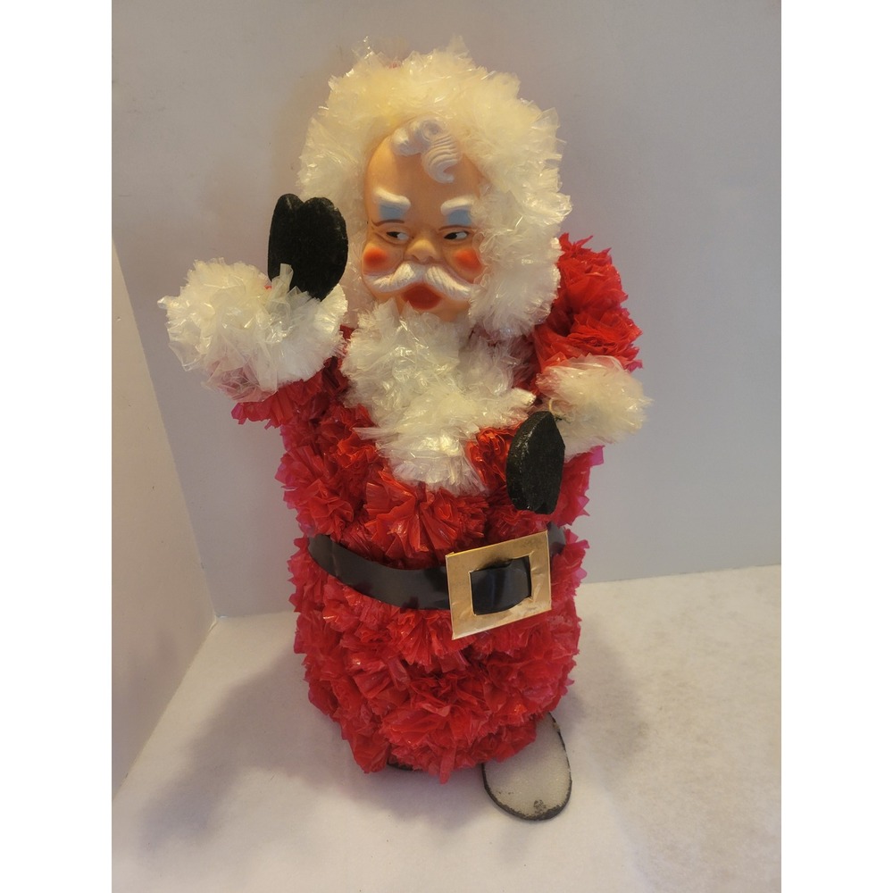 Vtg 70's Santa Claus Rubber Face Plastic Bag Fringe Christmas Kitsch Figure